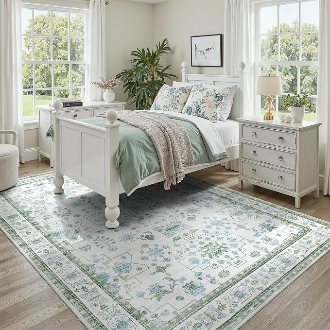 DCX Green 6x9 Rug, Kid & Pet Friendly with Rubber Back Non Slip, Machine Washable Stain Resistant Vintage Boho Floral Rug for Living Room, Bedroom, Soft Low Pile Large Nursery Carpet