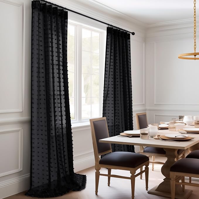 108 Inches Long Black Sheer Curtain Panels for Living Room Decor Back Tab Rod Pocket Luxury Elegant Pom Pom Tufted Floral Textured Boho Semi Sheer Curtains for Patio Hallway High Ceiling to Floor 9ft