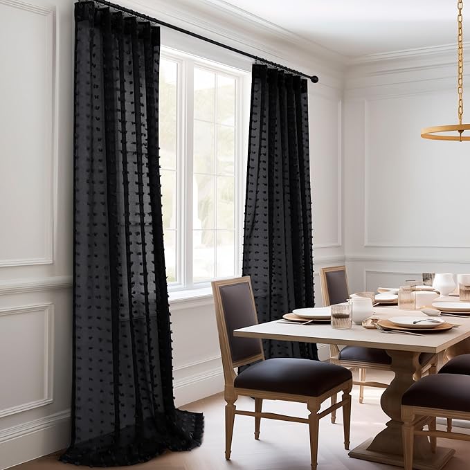 Pom Pom Black Boho Curtains 90 Inch Length for Living Room 2 Panels Back Tab Rod Pocket Transparency Neutral Country Rustic Farmhouse Sheer Semi Modern Curtains 90 Inches Long for Bedroom Playroom