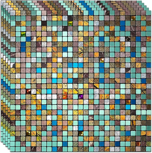 10 Sheets Peel and Stick Backsplash, Waterproof Mosaic Tile Self-Adhesive - Easy Cut to Size for Kitchen, Bathroom, Fireplace DIY Installation (10, Green+Blue Brushed)