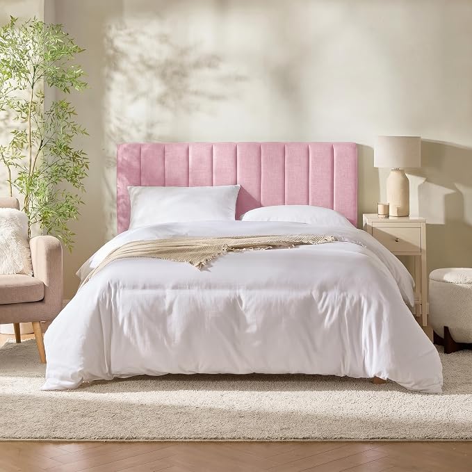 Hearth & Harbor Upholstered King Headboard - Easy Assemble Channel Stitched Headboard King Size Bed - Wall Mounted Headboards with 3D Soundproof Wall Panels Peel & Stick Floating Headboards, Pink