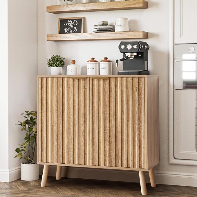 Fluted Buffet Cabinet, Free Standing Sideboard with Storage, Wood Accent Cabinet with Doors & Shelf, Multifunctional Credenza, Sideboard Buffet for Living Room, Dining Room(1, Natural)