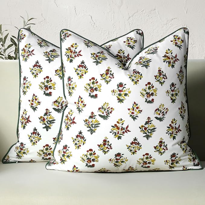 CPC 100% Cotton Throw Pillow Covers 24x24 Inch, Set of 2 Green Block Print Pattern Couch Pillow, Cute Boho Decorative Pillows for Living Room, Bedroom with Hidden Zipper- Fall Green