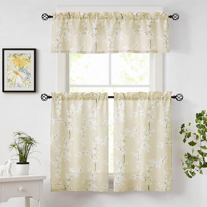 FMFUNCTEX Beige Kitchen Curtains 36 Inch Length White Blossom Floral Print on Canvas Tier Curtains for Small Windows Basement Bathroom Laundry Closet Rustic Curtains Rod Pocket 2 Panels