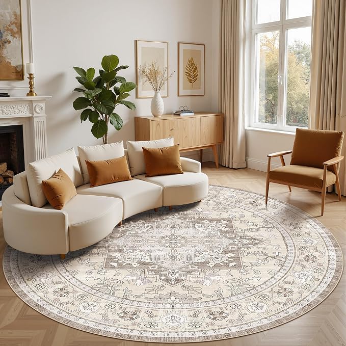 8ft Round Area Rug: Washable Vintage Neutral Soft Non Slip Thin Large Floor Carpet for Living Room Bedroom Kitchen Dining Room Home Office Farmhouse Indoor - Brown