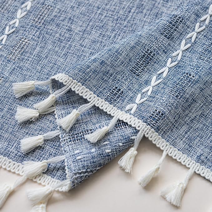 Deeprove Boho Valance Window Kitchen Curtain Over Sink, Textured Striped Drape Short Semi Sheer Privacy Tier Embroidered Chic for Cafe Restaurant Closet Bathroom, W52 x L18 inch 1 Panel Denim Blue