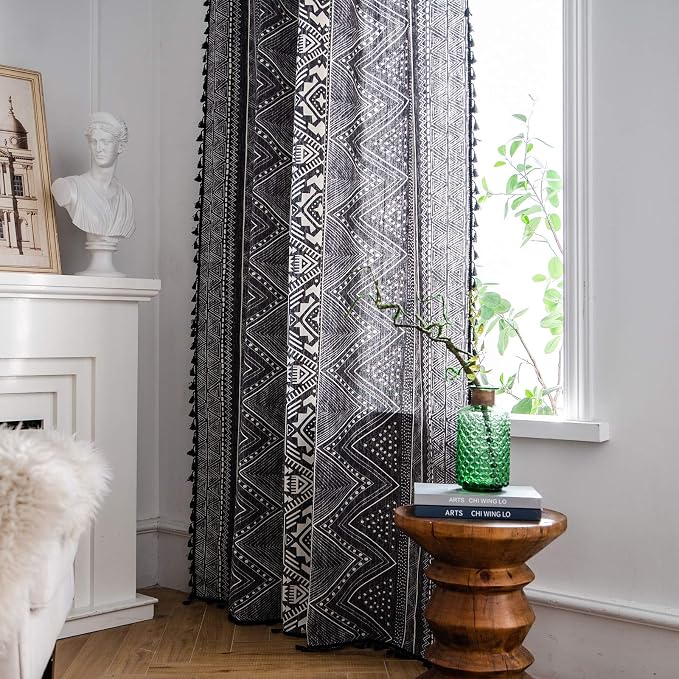 ColorBird Boho Curtains Grey Farmhouse Light Filtering 63 Inch 2 Panles MCM Western Striped Aztec Window Treatment Patterned Drapes for Living Dining Room Bedroom Kitchen Boho Chic Decor