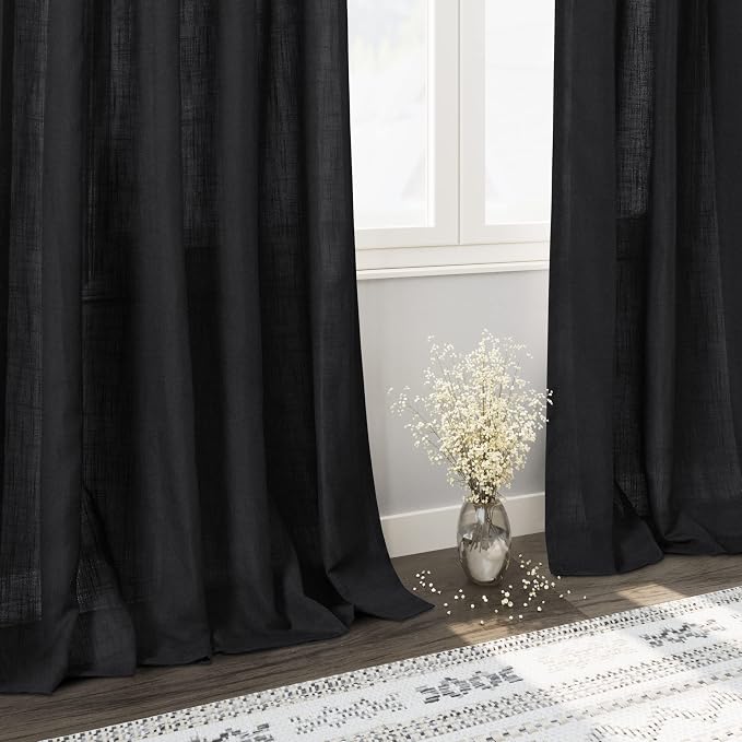 Nanspring Black Semi Sheer Linen Curtains 78 inch Length for Living Room Back Tab Rod Pocket Modern Farmhouse Coastal Decor Black Cotton Textured Gauze Curtains for Dining Room Office 52x78