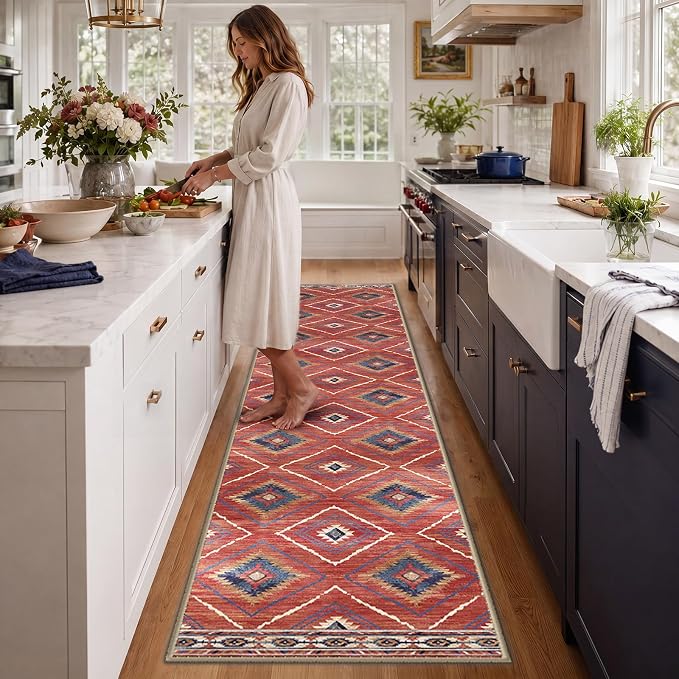BESTSWEETIE Area Rug 2x8 Rug Machine Washable Non-Slip Low Pile Print Pattern Western Rug for Living Room Bedroom Entryway Tribal Series -Red/Orange