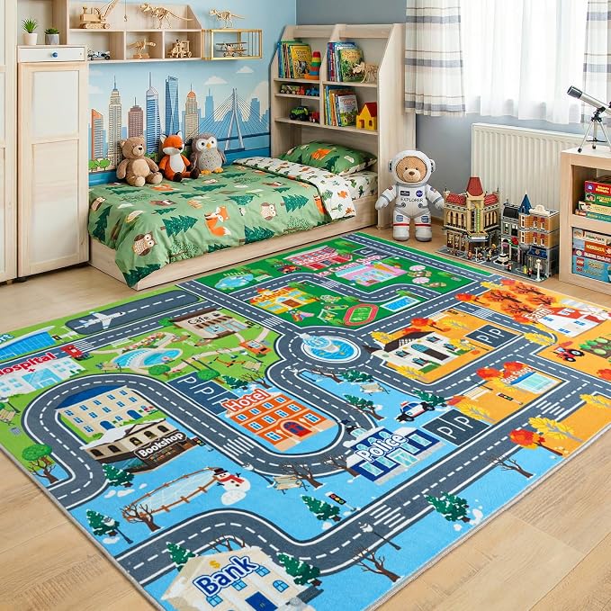 Car Rug Play Mat for Kids Toy Cars, 4' x 5' Town City Track Road Carpet, Non-Slip Machine Washable Town City Track Road Rugs Four Seasons Theme Traffic Mat for Kids Room Bedroom Game Safe Area