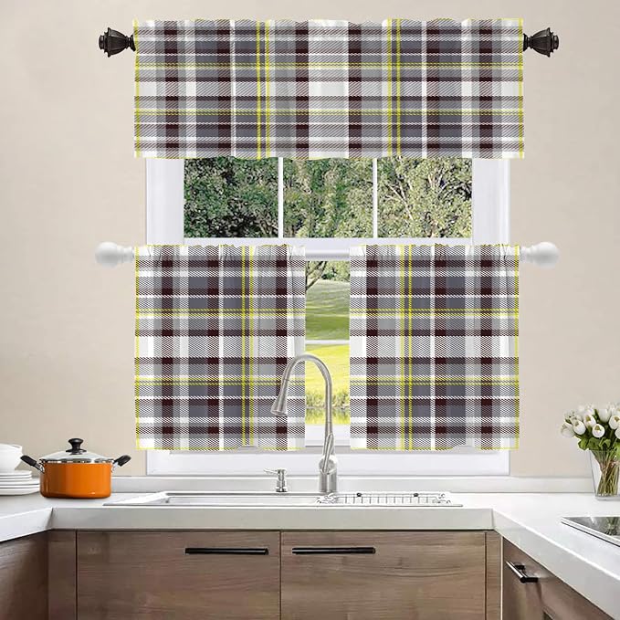 Shrahala Grunge Vintage Art Plaid Blackout Short Curtains for Windows, Tartan Grey Kitchen Valance Thermal Insulated Rod Pocket Window Treatment for Bathroom 52 X 18 in