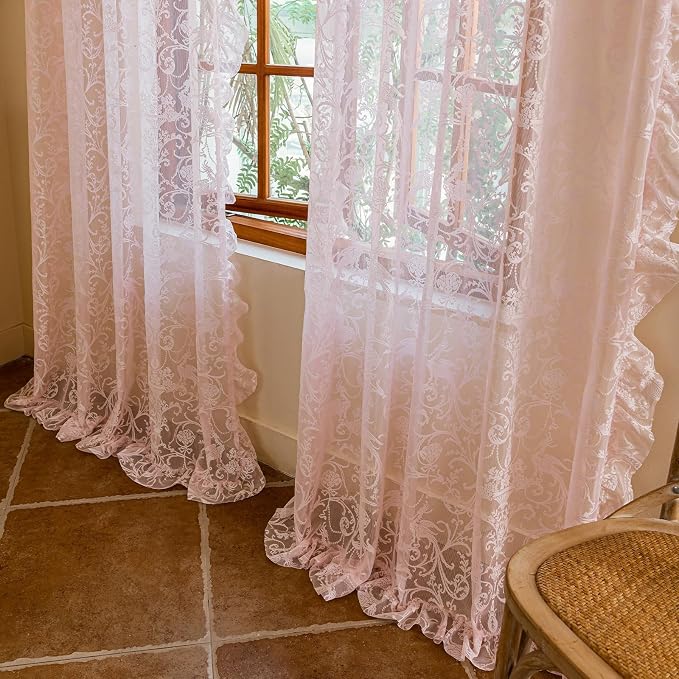 TUDECO Pink Boho Curtains for Bedroom 2 Panels - Kawaii Sheer Flower Pattern Pink Ruffle Curtains for Kids Girl Room, Aesthetic Light Filtering Rod Pocket Love Shack Fancy Room Decor, 59 x 72 Inch