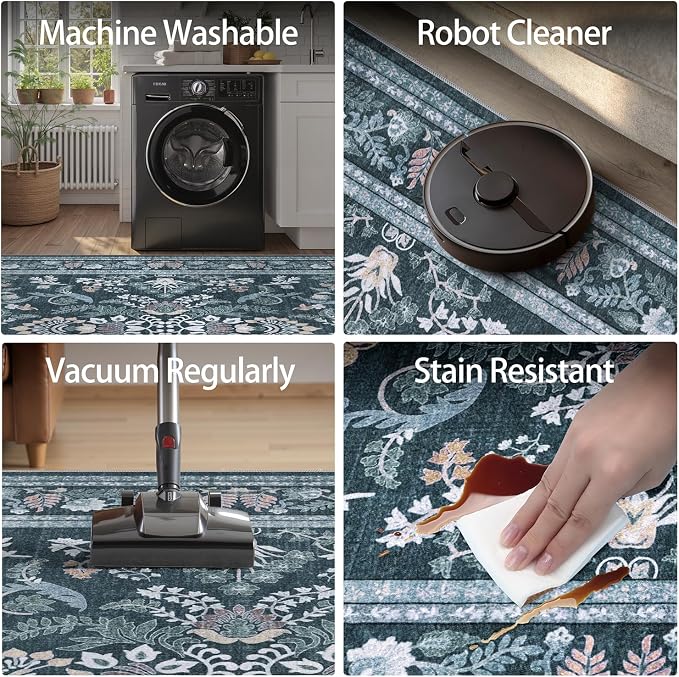 DCX Washable Blue 4x4 Rug Botanical Floral Rugs Soft Non-Slip Low-Pile Stain-Resistant Round Carpet for High-Traffic Areas Bedroom Bathroom