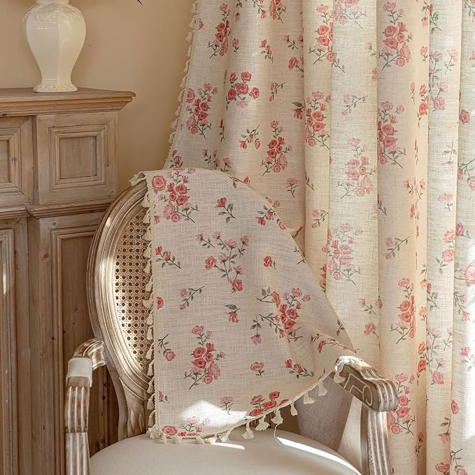 OYX Pink Boho Floral Curtains 63 Inch Long 2 panels, French Vintage Farmhouse Patterned Decor Window Drapes With Tassels, Girls Semi-Sheer Light Filtering For Bedroom Living Room (Rod Pocket, 52Wx63L)