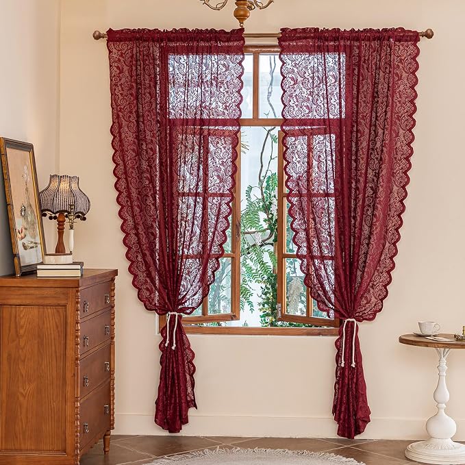 ALIGOGO Burgundy Lace Curtains 72 Inch Length, Retro Sheer Flower Maroon Sheer Curtains for Bedroom French Door, Luxury Light Filtering Rod Pocket Aesthetic Window Treatments, 52 W x 72 Inch, Wine Red