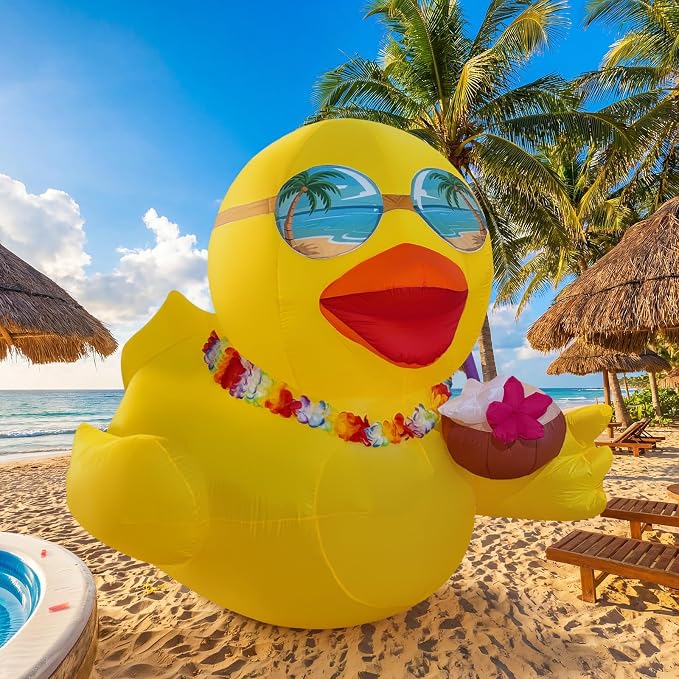 6 FT Giant Inflatable Duck, Summer Inflatables Outdoor Decorations for Yard | Blow Up Duck with Hawaiian Leis, Luau Party Decorations, Powerful Blower & LED Lights, Pool Beach Tropical Lawn Party Decor