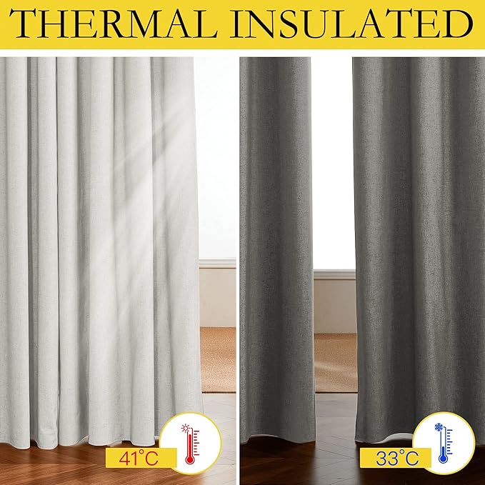 NICETOWN 100% Absolutely Blackout Linen Curtains with Thermal Insulated White Liner, Ivory, W62, 2 Pieces, Noise Reducing Textured Linen Look Curtains for Windows 95 inch Length for Classroom