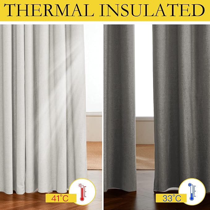 NICETOWN 100% Absolutely Blackout Linen Curtains with Thermal Insulated White Liner, Ivory, 62" W x 63" L, Set of 2, Burlap Textured Textured Linen Look Privacy Window Treatment for Kitchen