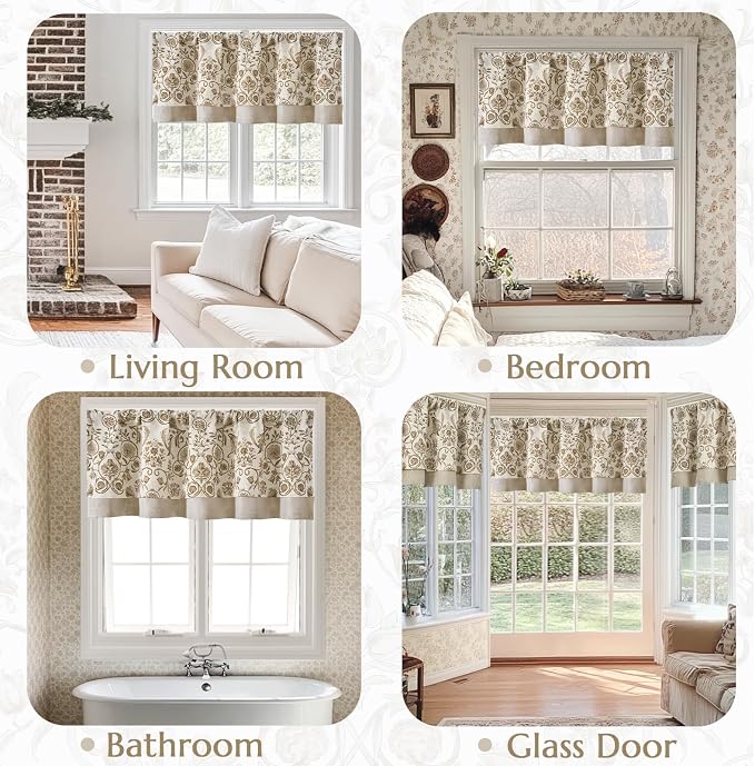 jinchan Linen Valance Kitchen Curtain for Windows Double Layer 18 Inch for Living Room Bedroom Window Treatment Light Filtering Vintage Rustic Farmhouse Cottagecore Rod Pocket 1 Panel Taupe on Beige