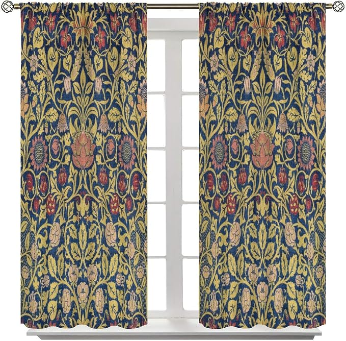 Retro Bohemian William Morris Plant Floral Blackout Window Curtains, Abstract Vintage Country Floral Leaf Pattern Print Window Drapes, for Bedroom Living Room 31.5(W)*63(L) 2 Panels