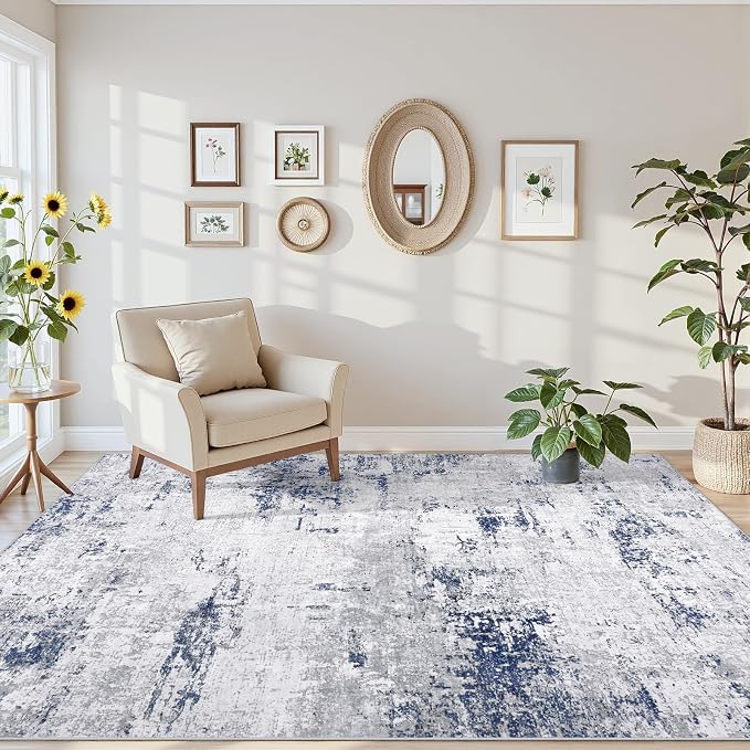 Area Rugs 5x7 Living Room: Large Modern Abstract Washable Rug Soft Anti-Skid Non-Shedding Carpet Indoor Floor Thin Carpets for Bedroom Dining Room Farmhouse Nursery Home Office Night Blue Grey