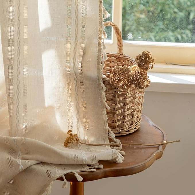 Deeprove Ivory Boho Curtain 84 inches Long for Living Room Bedroom, Vintage Aesthetic Sheer 84 inch Length Beige Cream Stripe Embroidery Privacy Window Tassel Decor W52 x L84, 1 Panel