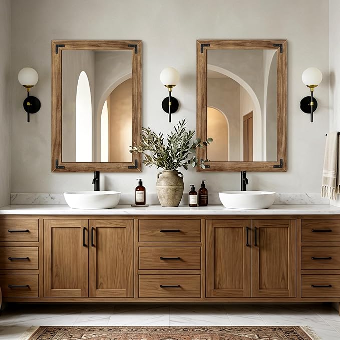 AMOISE Farmhouse Bathroom Vanity Mirror, 38" x 26" Wood Frame Wall Mirror, Vintage Rustic Decor for Entryway, Bedroom, Living Room, Vertical or Horizontal Hanging
