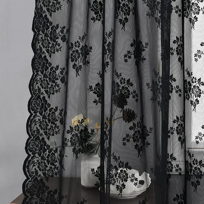 Kotile Black Lace Curtains 108 Inches Long, Vintage Floral Gothic Black Sheer Curtains for Living Room, Rod Pocket Privacy Sheer Lace Curtain 2 Panels Set, 52 x 108 Inch
