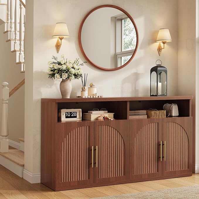 Fluted Buffet Cabinet with Storage, 63" Wide Wood Sideboard Credenza with 4 Doors & Open Storage Shelf, Modern Kitchen Entryway Accent Table for Dining Room Living Room, Kitchen, Hallway, Walnut