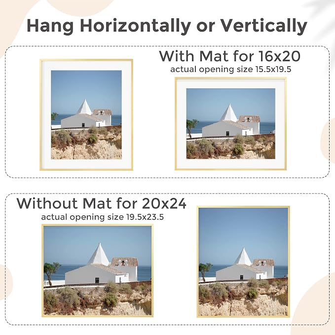 FLYJOE 20x24 Metal Picture Frame for Wall With Mat for 16x20, 20''x24'' Aluminum Photo Frames With Tempered Glass for Home Decor, Minimalist Modern Poster Frame Horizontal And Vertical Formats, Gold