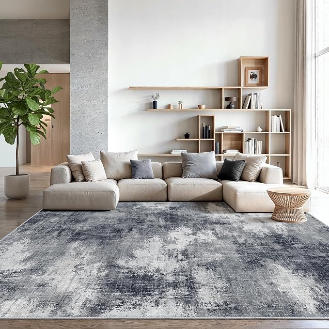 AMADA HOMEFURNISHING 10x14 Area Rugs for Living Room, Modern Large Area Rugs with Non-Slip Backing & Low Pile, Neutral Soft Washable Rug for Large Bedroom Dining Room Nursery Office, Grey