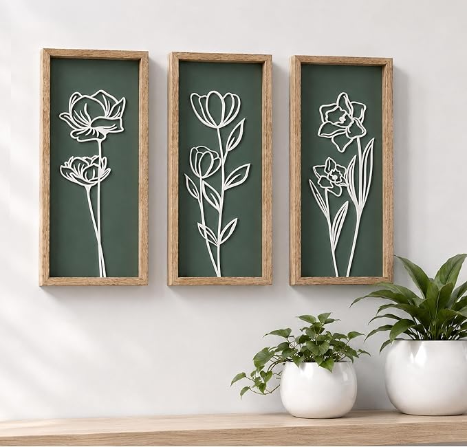 3D Floral Green Wall Art (Set of 3) Lightweight, Wooden Ready-to-Hang Boho Framed Wall Art for Bathroom, Master Bedroom, Living Room or Office - Premium Sage Green Farmhouse Decor - Gift-Boxed
