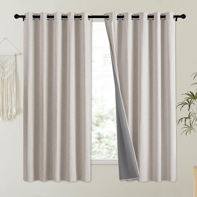NICETOWN Brich Vintage Open Linen Weave Flax Thermal Curtains, 100% Blackout Curtains 63" Long for Dining Room, Soundproof Window Treatment Drapes for Dorm Room, 62" Wide Per Panel, Set of 2