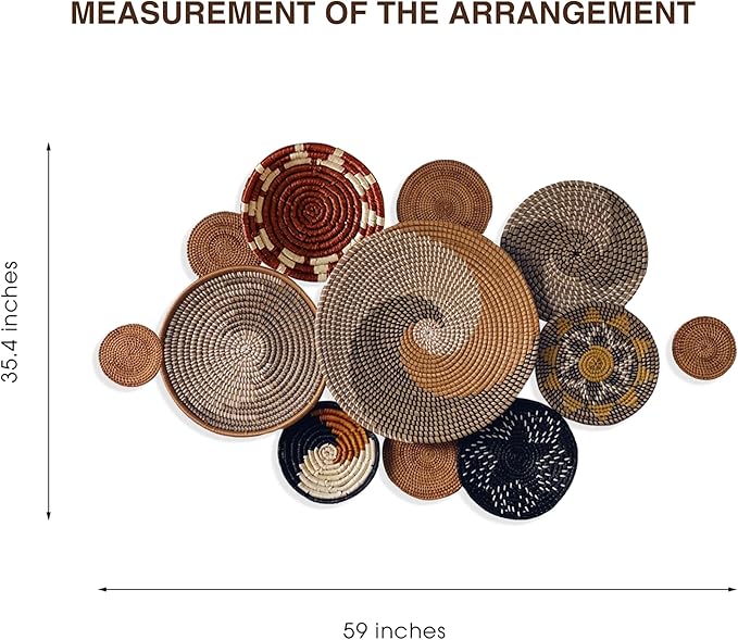 Set of 12 Woven Basket Wall Decor, Decorative Plates for Wall, Unique Wicker Wall Art Decor, Decorative Baskets for Livingroom Bedroom