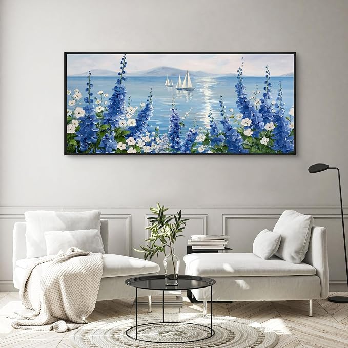 XLSJERST Coastal Painting Picture - Extra Large 70x31 Inches Sailboat Wall Art Nautical Flower Blue Canvas Print Framed Artwork for Living Room Bedroom Home Decoration
