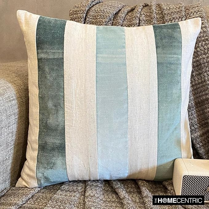 The HomeCentric Decorative Throw Pillow Cover Blue Pack of 2, 18"x18" (45x45 cm) Velvet Striped and Linen Cushion Covers for Couches and Sofas, Patchwork Modern Cushion Cover Style - Velvet Band Ice