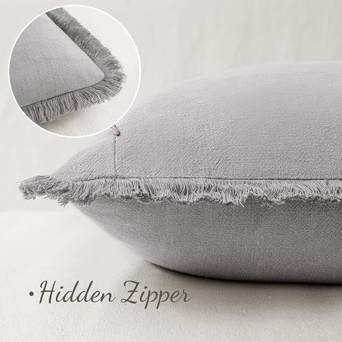 MIULEE Decorative Throw Pillow Covers Neutral Linen Fringe Throw Pillows Set of 2 Light Grey Boho Farmhouse Cushion Covers with Tassels for Couch Sofa Bed Living Room Spring Home Decor 20x20 Inch