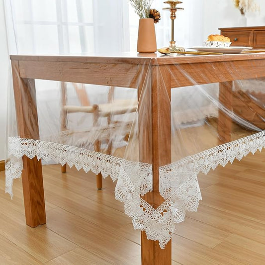 JIUZHEN Clear Vinyl Table Cover Protector, Transparent Rectangle Vinyl Table Cloth, Plastic Dining Tablecloth with White Lace Edge, Waterproof/Oil-Proof/Stain-Resistant, 60"x120"