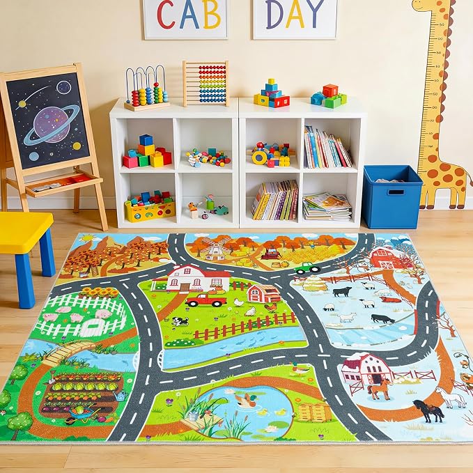 Car Rug Play Mat for Kids Toy Cars, 5' x 7' Town Country Barn Track Road Carpet, Non-Slip Machine Washable Rugs Four Seasons Farm Theme Traffic Mat for Kids Room Bedroom Game Safe Area