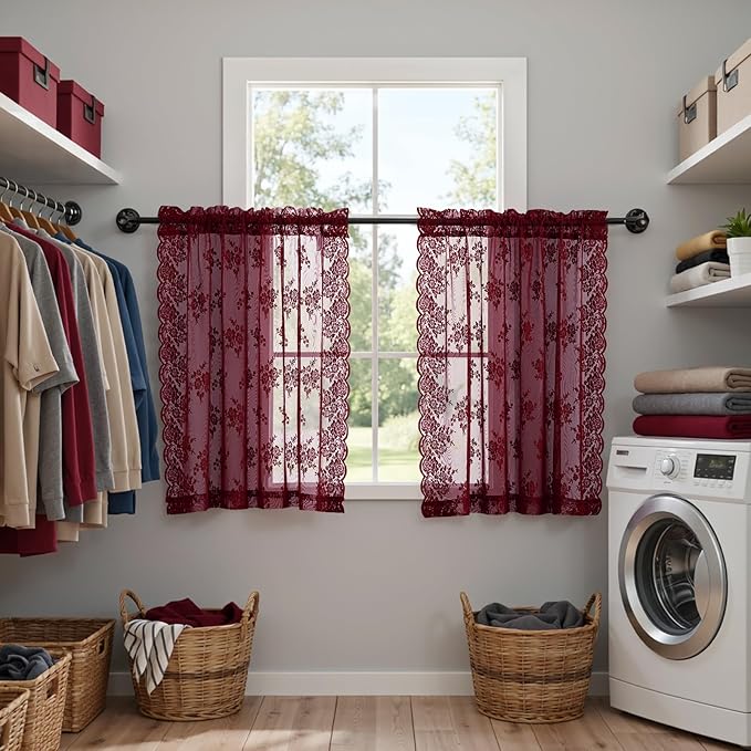 Kotile Burgundy Curtains 45 Inch Length for Kitchen Windows Over Sink 2 Panels Short Lace Curtains Cottage-Core Floral Rod Pocket Light Filtering Privacy Maroon Sheer Window Curtain, W52 x L45 Inch