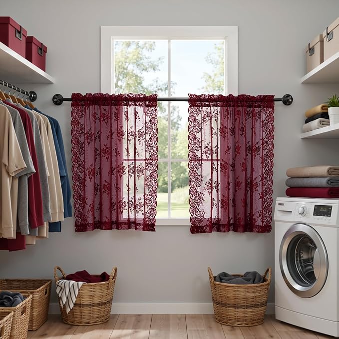 Kotile Burgundy Lace Curtains Short 30 Inch Length 2 Panels Cottagecore Floral Maroon Sheer Kitchen Curtains Over Sink, Rod Pocket Privacy Light Filtering Window Lace Cafe Curtain, 42 x 30 Inch