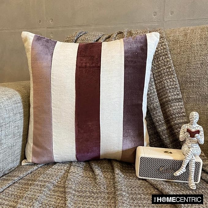 The HomeCentric Cushion Cover for Couch, Berry Pack of 2, 16"x16" (40x40 cm) Throw Pillows, Velvet Patchwork Throw Pillows for Couch, Striped Modern Style Easter - Velvet Band Berry