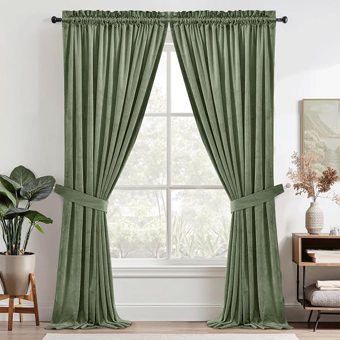 StangH Sage Green Spring Curtains 100 inches Soft Velvet Thermal Insulated Privacy Drapes for Office, Heavy Divider Curtains with Noise Reduction, W52 x L100, 2 Panels