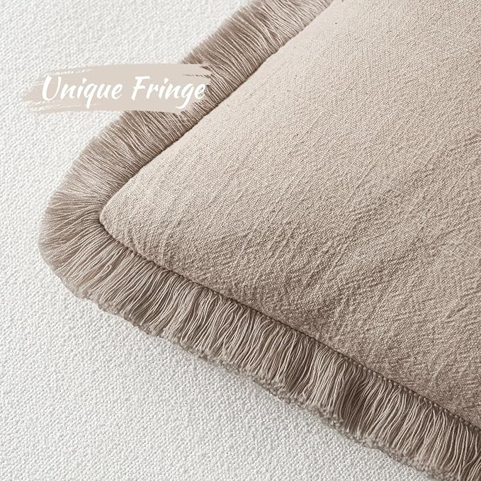 MIULEE Decorative Throw Pillow Covers Neutral Linen Fringe Throw Pillows Set of 2 Natural Linen Boho Farmhouse Cushion Covers with Tassels for Couch Sofa Bed Spring Home Decor 28x28 Inch