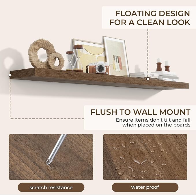 RICHFOCUS 72Inch Floating Shelves for Wall 1 Pack Shelves for Bedroom|Kitchen|Bathroom Wall Mounted Rustic Wood Floating Shelf with Invisible Brackets for Books|Storage|Decor, Walnut