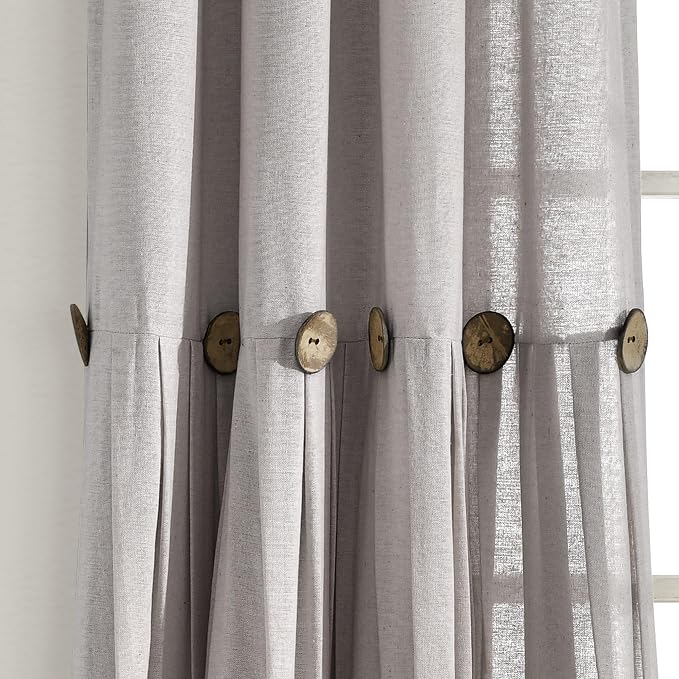 Lush Decor Linen Button Window Curtain Panel, Single, 40" W x 95" L, Gray- Country Curtains - Rustic Decor - Color Block - Modern Farmhouse Curtains