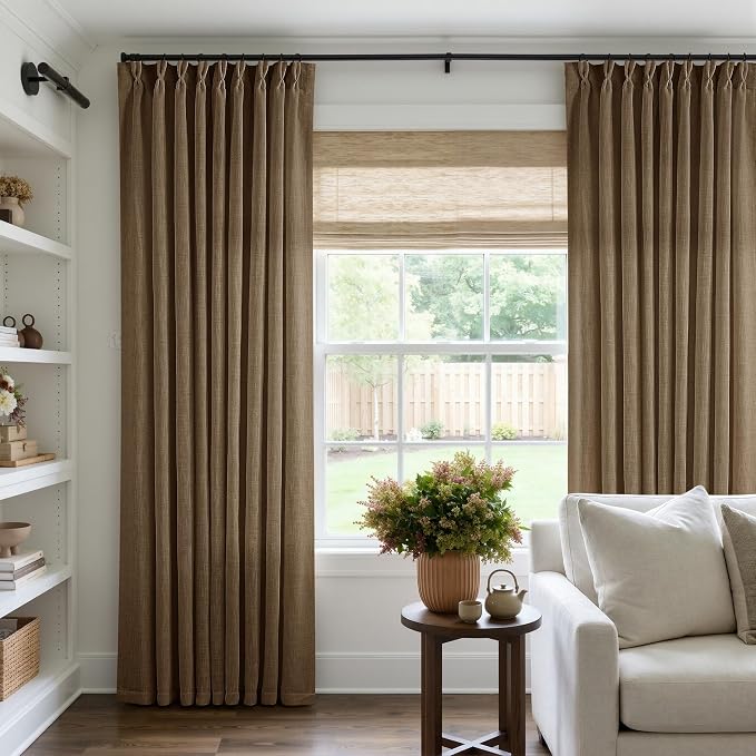 Dutch Cocoa Pinch Pleated Linen Curtains 96 Inches Long 60 Inch Width Linen Blend Light Filtering Window Curtains 96 Inch for Living Room Bedroom Patio Pinch Pleat Drapes Hooks Rings 1 Panel 60Wx96L