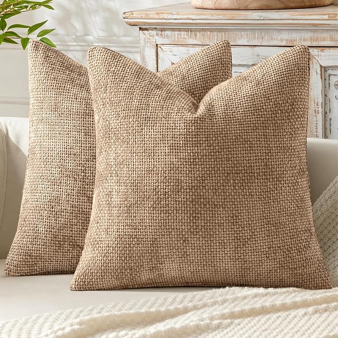MIULEE Pack of 2 Couch Throw Pillow Covers 18x18 Inch Khaki Camel Modern Boho Accent Decorative Pillow Covers Soft Chenille Farmhouse Cushion Covers for Home Decor Bed Sofa Living Room