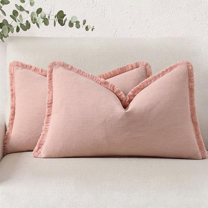decorUhome Linen Fringe Lumbar Throw Pillow Covers Set of 2 Decorative Pink Pillow Covers with Tassels Soft Accent Boho Farmhouse Pillow Cases for Couch Bed Sofa 12x20 Inch