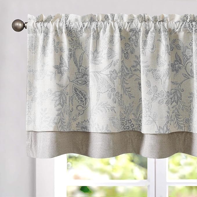 jinchan Linen Valance Curtain Farmhouse Grey Floral Printed Small Window Curtain for Kitchen Rustic Country Light Filtering Valance for Living Room Bedroom 18 Inch Rod Pocket 1 Panel Gray on Beige